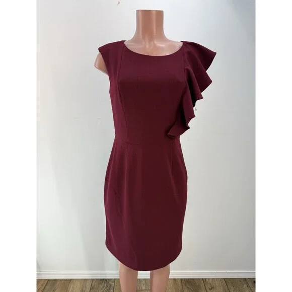 JESSICA HOWARD Wine Ruffle Stretch Sheath Dress Medium - Picture 2 of 14